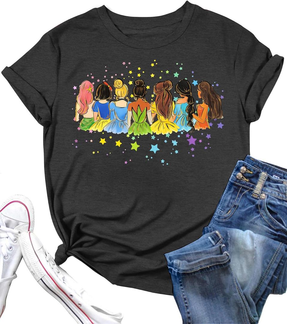 LAZYCHILD Magical Shirts for Women: Magic Kingdom T-Shirt Princess Bow Shirt Family Vacation Holiday Short Sleeve Tops Darkgrey (Black, M)