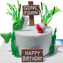 Fishing Cake Topper Gone fishing Cake with Bass Reed Happy Birthday Sign