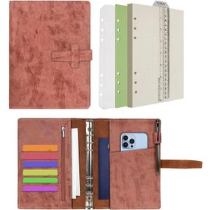 Wonderpool Leather Journal Refillable Binder A5 Writing Notebook Folder Organiser with Dotted Paper & Multi Pockets Cover for Business School Travel (A5, Brown)