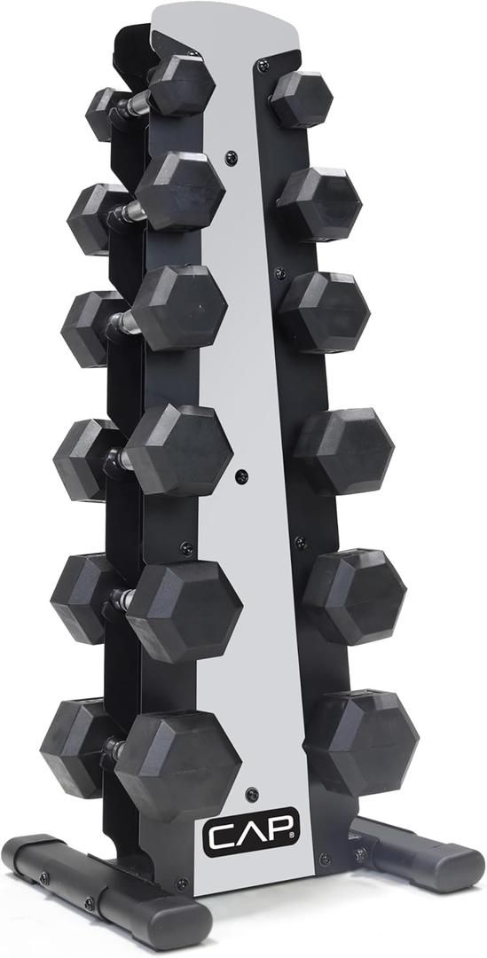CAP Barbell Rubber Coated Dumbbell Weight Set with Vertical Rack 210 lb Options