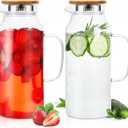 2 Pcs Glass Pitcher with Lid and Spout, Glass Carafe for Hot/Cold Water with Handle, Iced Tea Pitchers Beverage Pitchers for Fridge Coffee, Juice and Homemade(Stainless Steel, Bamboo,68 oz)