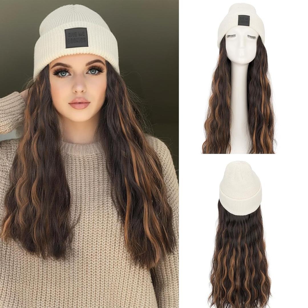 S-noilite Beanie Wig with Hair,18 Inch Long Wavy Hair Extensions with White Knitted Hat Wigs for Women Winter Medium Brown mix Dark Blonde