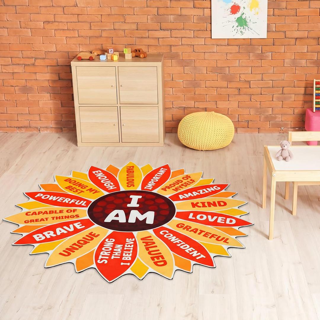 4ft Round Boho Sun Kids Rug with Motivational Words, Yellow Color, 3'11"