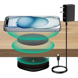KPON Invisible Wireless Charger,30mm Under Desk Charger Mat, Furniture Table Nightstand Desktop Charging Station for iPhone16/15/14/13/12/11/Samsung/LG/Google Pixel Desk Essentials(with QC Adapter) (Black)