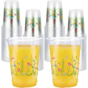 100Pcs Wildflower Plastic Cups 16 oz Pink Floral Butterfly Theme Disposable Plastic Cups with Spring Summer Flower for Spring Birthday Wedding Baby Bridal Party Supplies Beverage Drinking  