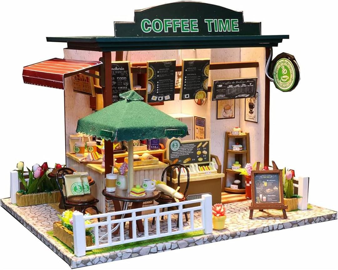Flever Dollhouse Miniature DIY House Kit Creative Room with Furniture for Romantic Valentine's Gift (Time Cafe)