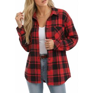 MANGOPOP Year-Round Flannel Shirt for Women - Lightweight Oversized Long Sleeve Button Down Plaid for Effortless Layering (Red, M)