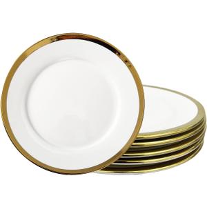Dinner Plates, Set of 6, 10 inch,White Porcelain with Gold TrimAppetizer Plates,Ceramic Round Dessert Serving Plates for Bread, Salad, Snack and Finger Food,Elegant Ceramic Dinner Plates
