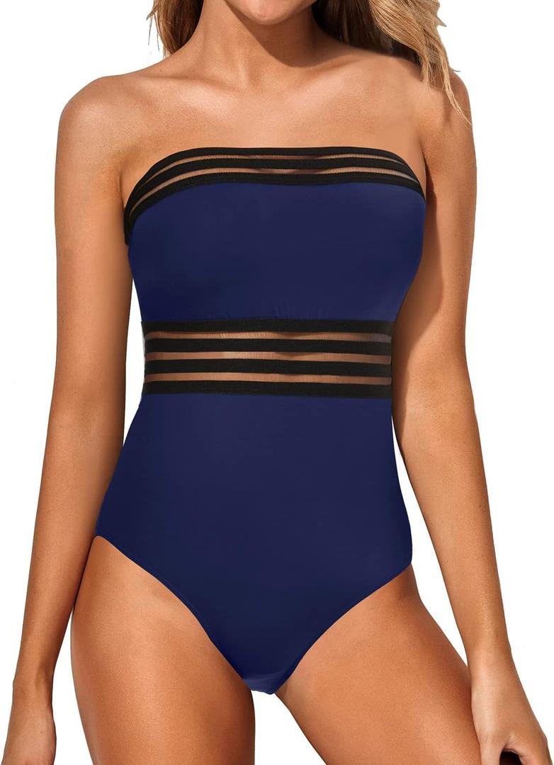 Holipick One Piece Swimsuits Tummy Control Strapless Bathing Suits for Women Slimming Bandeau Tube Swimswear (X-Large, Navy Blue)