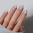 BTArtbox Press On Nails Short - Pearl Accents Chrome Almond Press On Nails with Glue for Women, Opaque Soft Gel Glue On Nails in 16 Sizes - 32 Stick On Nails Kit, Tidal Pearl