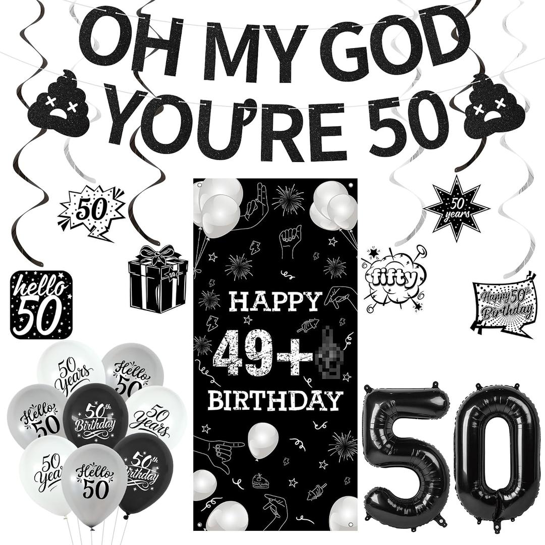 Holkcog 50th Birthday Decorations, 49+1 Black Glitter Banner Background, Oh My God Its My 50th Birthday Hang Banner for Men Women, Number 50 Ballons, Funny 50 Years Old Party Supplies