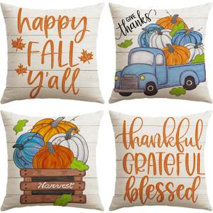 Artscope Fall Decorative Throw Pillow Covers 20x20 Inch Set of 4, Happy Fall Pumpkin Truck Thankful Grateful Blessed Outdoor Farmhouse Pillow Cases for Home Sofa Couch-Orange Beige