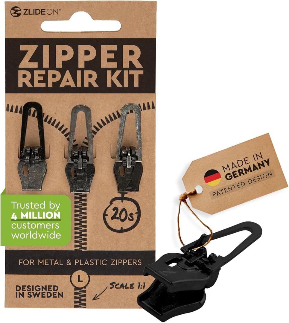 Zlideon Universal Zipper Repair Kit for Plastic & Metal Zippers Multipack - 3pcs, Black (L) | Instant Zipper Pull Replacement Slider for Denim, Jacket, Winter Coat | Easy to Install | Made in Germany