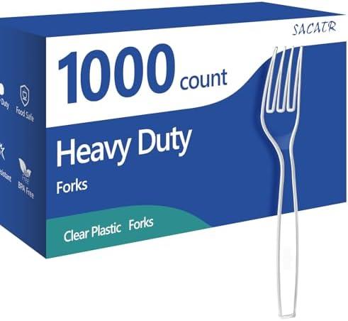 SACATR 1000 Count Plastic Forks Heavy Duty, Plastic Silverware Clear Forks, Premium Disposable Forks Bulk, BPA-Free, Heat Resistant, Suitable for Parties, Events and Everyday Use