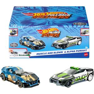 Hot Wheels Pull-Back Speeders Set of 2 Toy Cars in 1:43 Scale, Pull Cars Backward & Release, High-Performance, Collectible, with Rolomatic Engine or Door or Hood That Opens