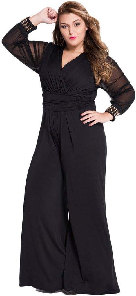 Cokar Womens Plus Size Jumpsuits Long Sleeve V-Neck Casual Style Set (Black), Size 3XL