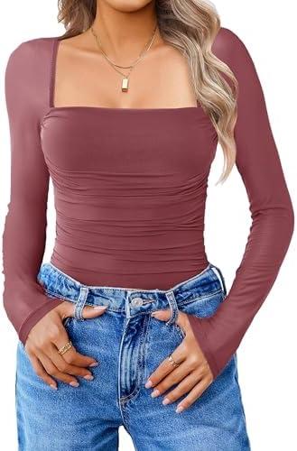 Avidlove Women's Square Neck Mesh Long Sleeve Bodysuit Shirts Ruched Body Suit Sexy Sheer Tops Date Night Outfit XXL (Dark Purple Red)