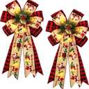 2 Pcs Prelit Christmas Bows Decor with 20 Lights, Santa Bells Black Red Buffalo Plaid Xmas Bows 20" by 11" Christmas Tree Wreaths Garland Bow Battery Powered Christmas Decorations Home Indoor Outdoor
