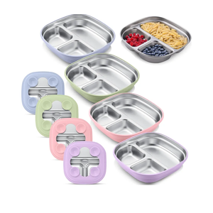 Square Stainless Steel Toddler Plates with Suction – 7.68” Divided Plates with Removable BPA-Free Silicone Sleeves, Unbreakable Baby Feeding Dishes Set of 4