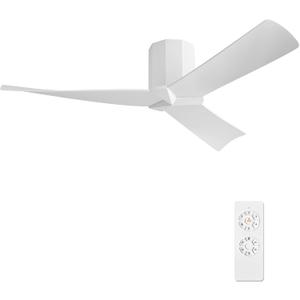 52" Ceiling Fan no Light - Gloss White DC Flush Mount Ceiling Fan, 3 ABS Plastic Curved Blades, 6 Speed Reversible DC Motor, Hugger Ceiling Fans No Light for Kitchen, Bedroom, Living Room