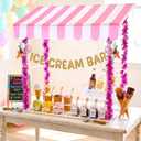 7 Pcs Ice Cream Bar Stand Supplies Ice Cream Bar Cart Party Decoration with 1 Set Plastic Stand 1 Pink and White Sunshade Cloth 4 Pink Tinsel 1 Banner for Icecream Party Supplies Bakery Backdrop