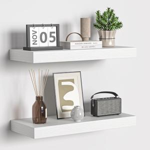 Floating Shelves - Rustic White Wall Shelf Set of 2 - 16"W x 6.7"D Wall Mounted Shelves for Wall Decor & Storage - Wooden Shelves with Invisible Brackets for Living Room, Bedroom, Kitchen, Farmhouse