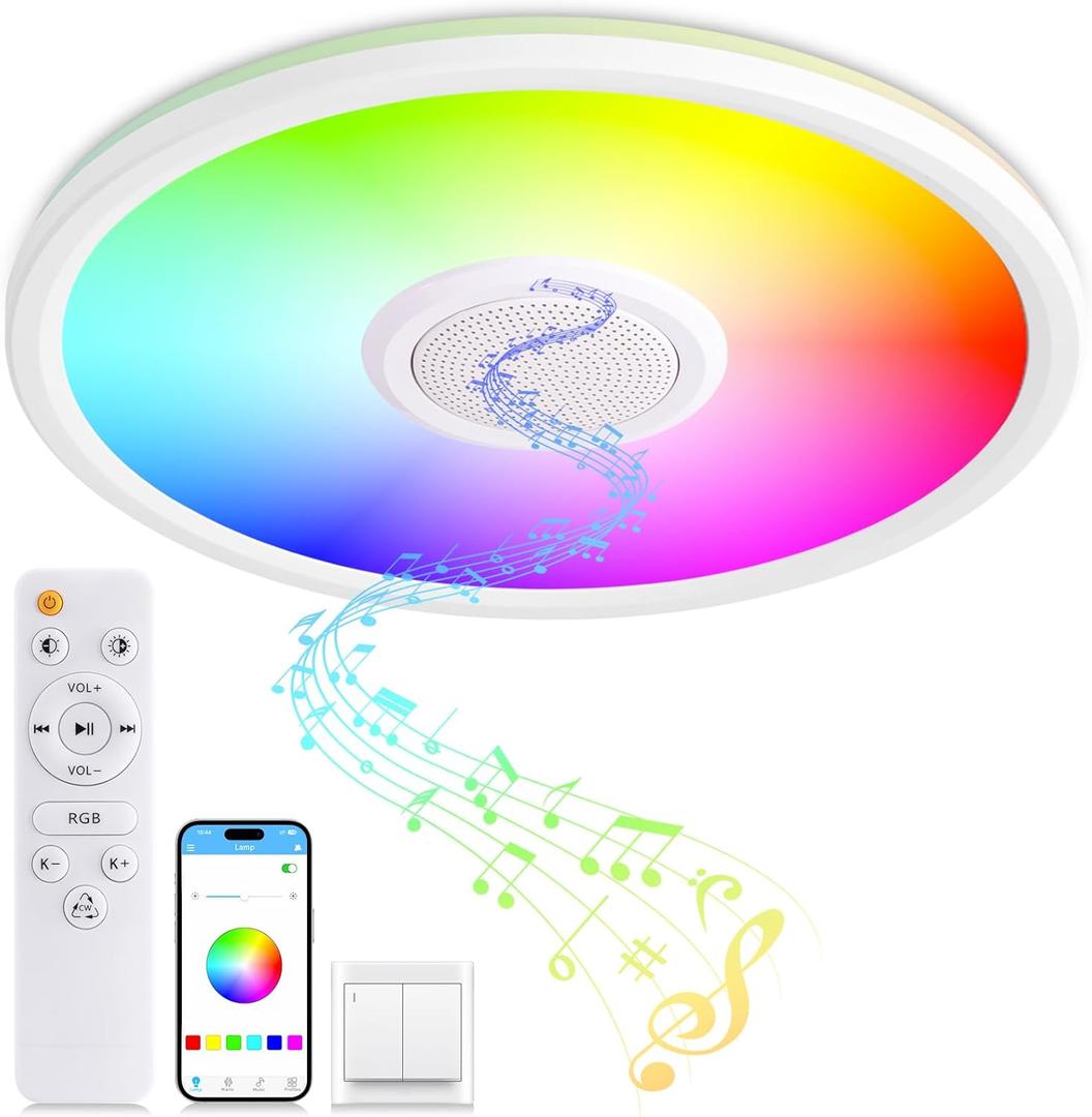 RGB LED Ceiling Light, with Bluetooth Speaker, 24W 11Inch Smart Music Ceiling Lamp with App and Remote Control, 3000K-6500K Color Changing Lights Fixture for Child Bedroom Bathroom, White