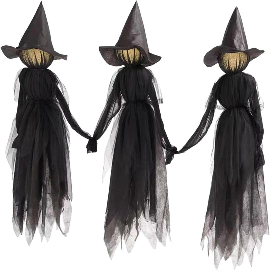 3Pcs Witches Halloween Home Decorations, Scary Light Up Holding Hands Screaming Witches with Stakes, Standing Witches for Outdoor Garden Yard Lawn Haunted House Decoration (Black)