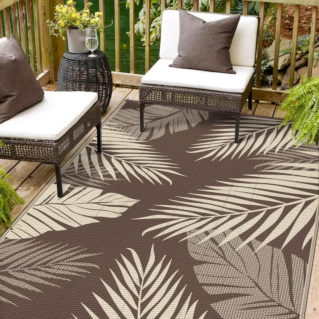 sarben Outdoor Rug 8' x 10' Waterproof for Patios Clearance, Reversible Plastic Straw Indoor Outdoor Rug for RV, Picnic, Backyard, Deck, Balcony, Porch, Beach, Coffee and Beige