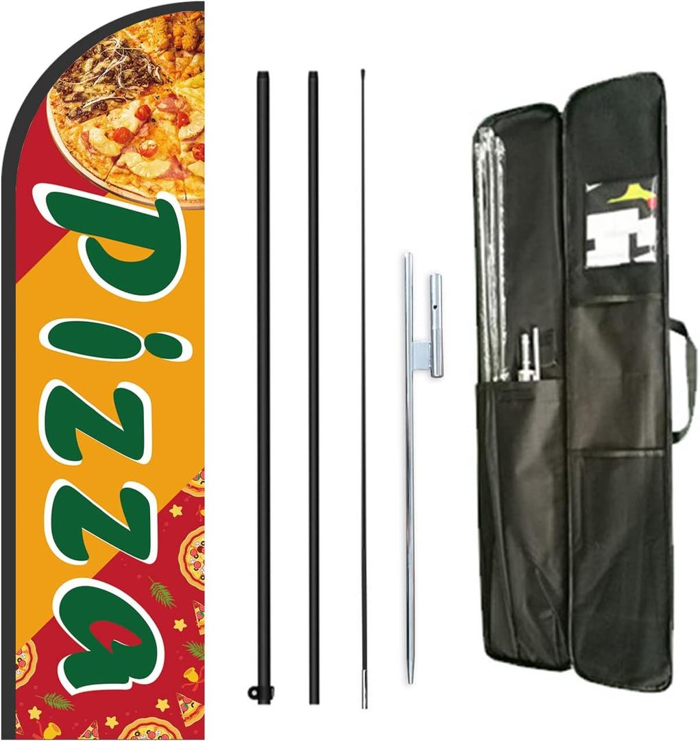 Pizza Feather Flag Pole Kit for Italy Food Shop Open, Restaurant Businesses Advertising Feather Flag Kit Include 8 Feet Flag Banner,12 Feet Flagpole, Ground Stake and Stored in Travel Bag (Blue)