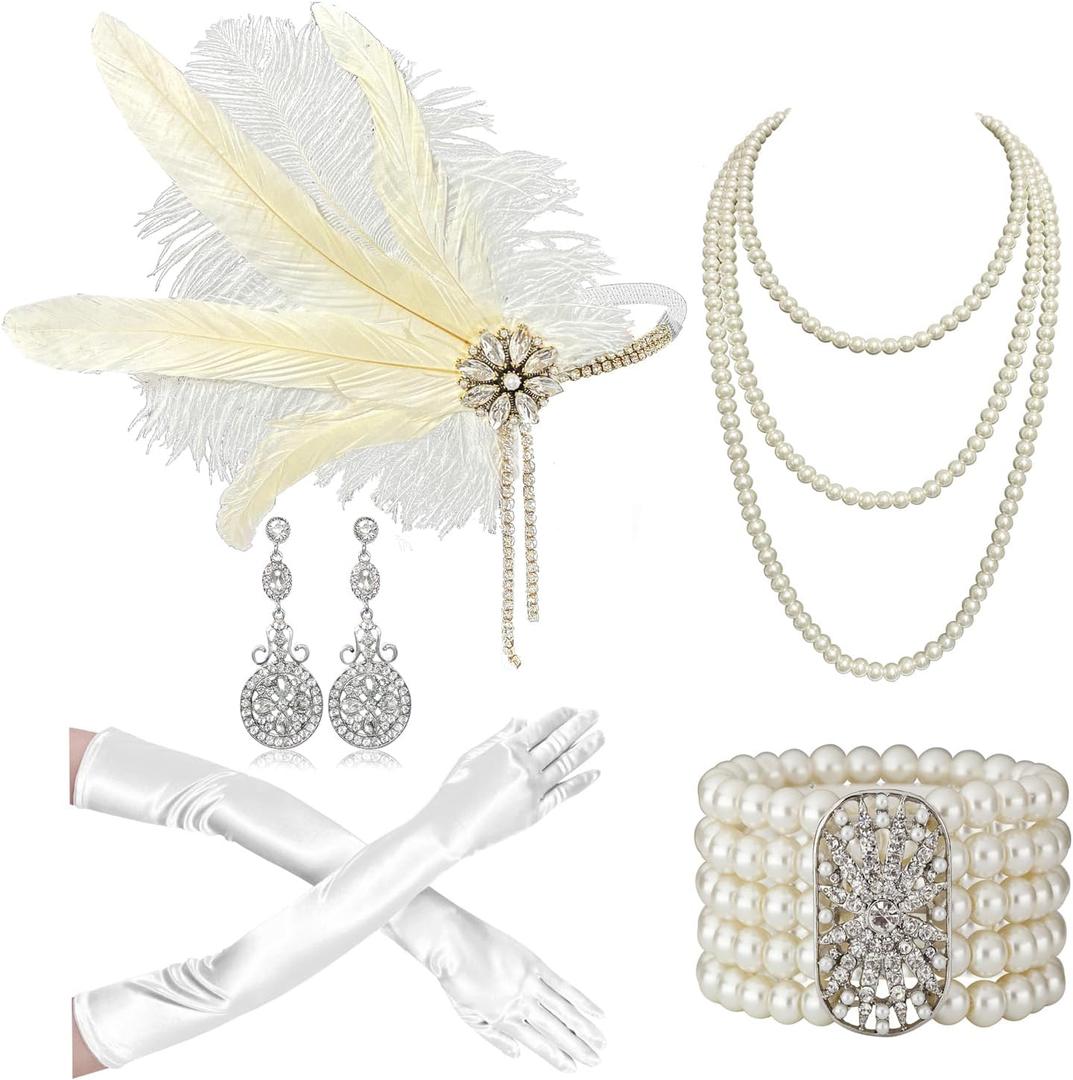 Cizoe Flapper Accessories for Women,20s Great Gatsby Accessory Set 1920s Headpiece Flapper Headband Gloves Necklace (Ivory)