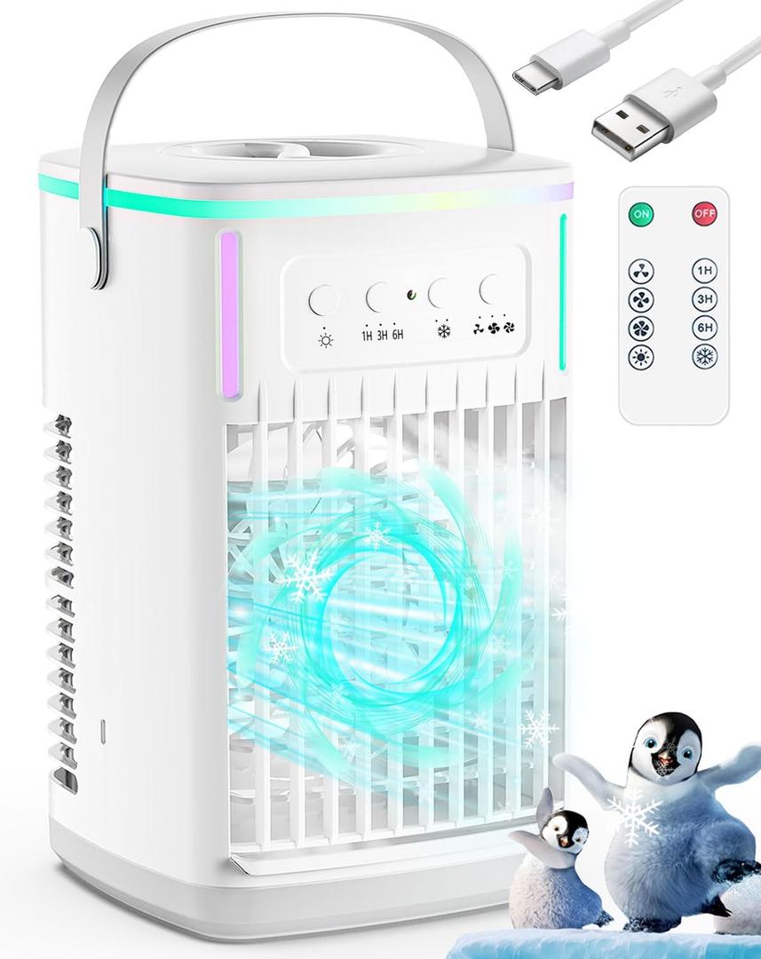 Portable Air Conditioners Fan with Remote,1500ml Tank, 1-6H Timer, 3 Wind Speeds, Personal Mini Air Cooler with Humidifier for Room Bedroom Desktop Office (White)