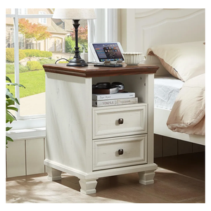 SAVOR LIFE Farmhouse Nightstand with Charging Station, Rustic White Nightstand,2 Drawers End Table for Living Room,Bedside Table with Open Shelf for Bed Room,Single,White