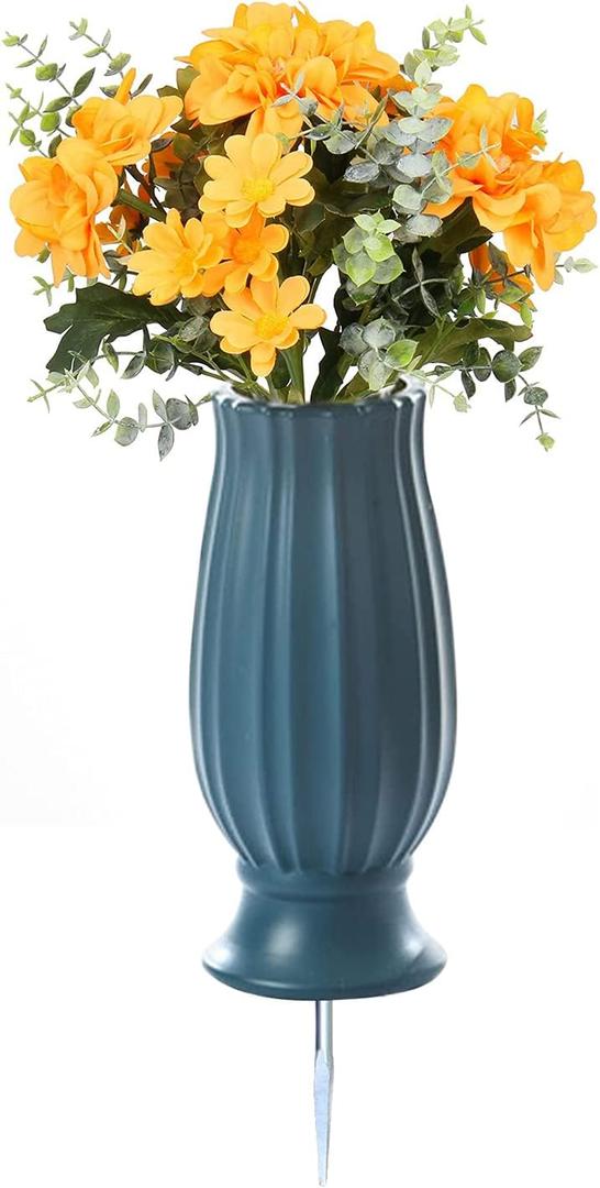 Cemetery Vases with Spikes,Grave Vases for Cemetery with Metal Spikes and Drainage Holes,Grave Flower Holder for Headstones Memorial Gifts Loss of Loved One (Blue)
