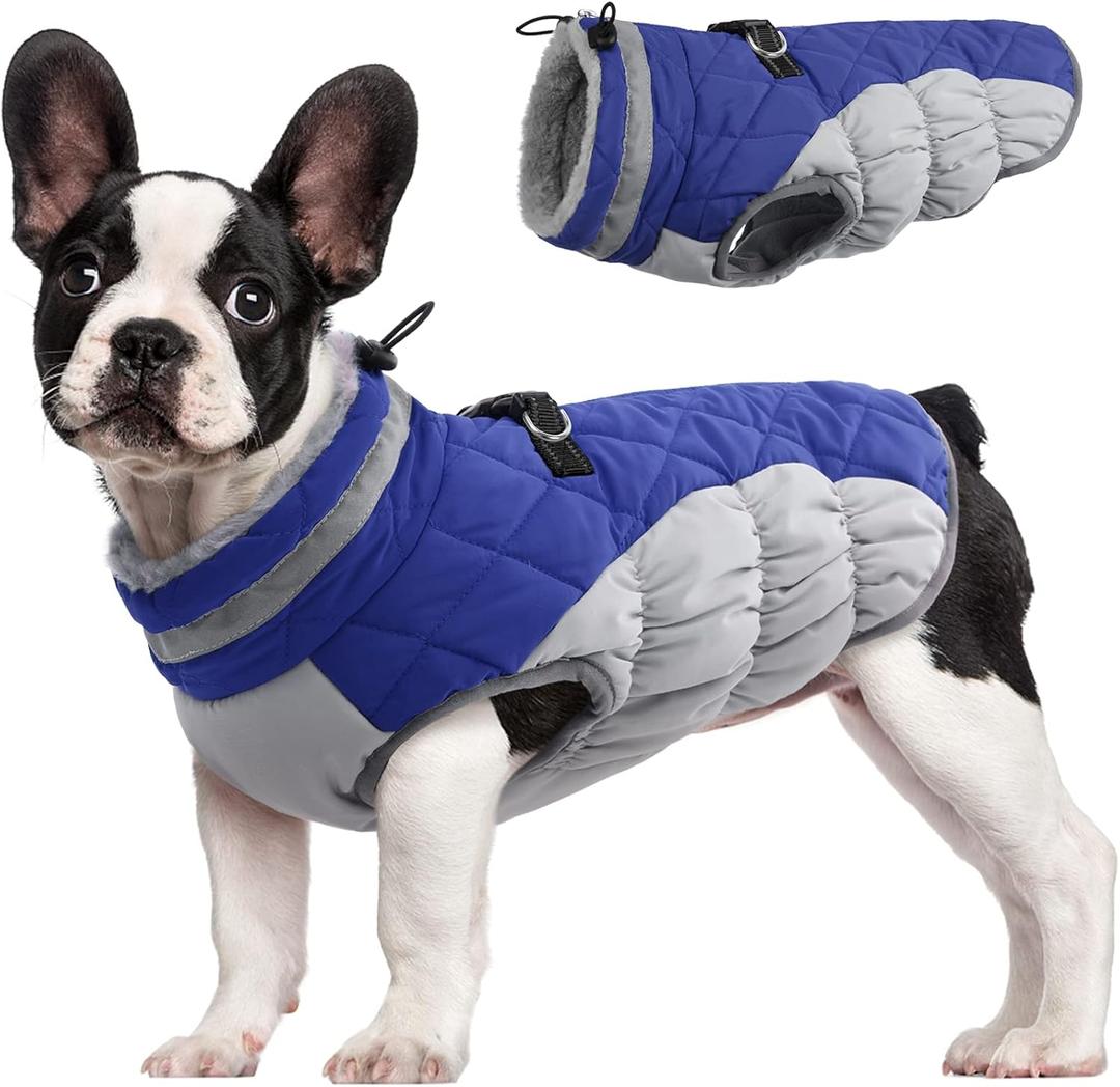 FUAMEY Dog Coat for Small Dogs, Waterproof Dog Winter Jacket with Harness Built in Puppy Cold Weather Coats Reflective Pet Vest with Zipper Warm Fleece Dogs Snowsuit Windproof Blue XS (XS(chest:14in))