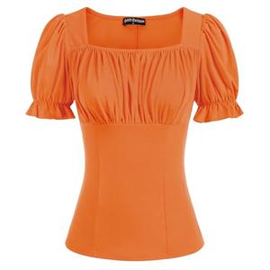 Peasant Tops for Women Vintage Puff Sleeve Square Neck Renaissance Shirt Orange S