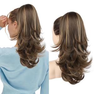 LONAI Ponytail Extension for Women,18 Inch Layered Wavy Pony Tail Hair Extensions, Natural Drawstring Ponytail Synthetic Hairpiece for Daily Wear (Deep Brown with Blonde)