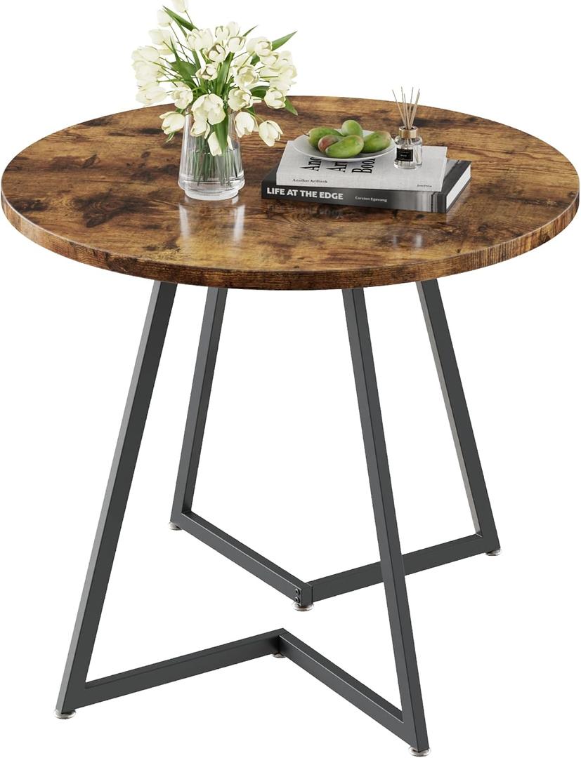 VECELO Round Dining Room Table with Wood Grain Tabletop and Steel Frame, for Kitchen, Living Room, Office, Conference, 2 to 4 Person, Antique Brown, 31.5" Dining Table