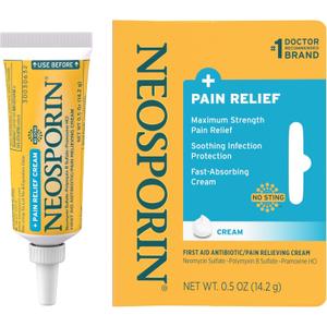 Neosporin + Maximum-Strength Pain Relief Dual Action Cream, First Aid Topical Antibiotic & Analgesic Cream for Soothing Infection Protection & Wound Care of Minor Cuts, Scrapes & Burns, .5 oz, 2 Pack, Exp Date: 08/2023