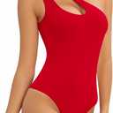 MANGOPOP Women's One Shoulder Sleeveless Bodysuit Sexy Cutout Backless Body Suit Double Lined Going Out Tank Top (Red), Small
