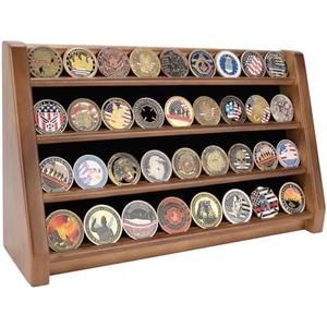 ASmileIndeep 4 Rows Military Challenge Coin Holder Display Holds 32 Coins, Solid Wood Army Coin Rack Display Case Stand for Wall Mount or Tabletop, Walnut