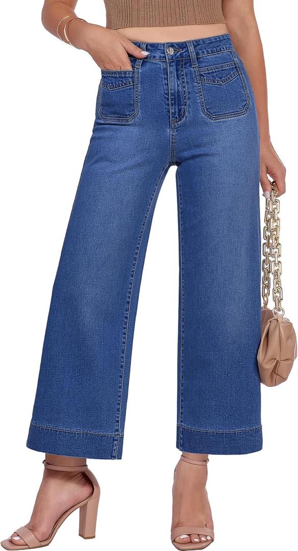 GRAPENT Cropped Jeans for Women Trendy 2026 Wide Leg High Waisted Patch Pocket Stretchy Denim Pants Short Trouser Jeans, Large