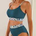Herseas Women's Textured Bikini Sets Floral Print Trim Scoop Neck Swimsuits High Waisted Bathing Suits (Blue, L)