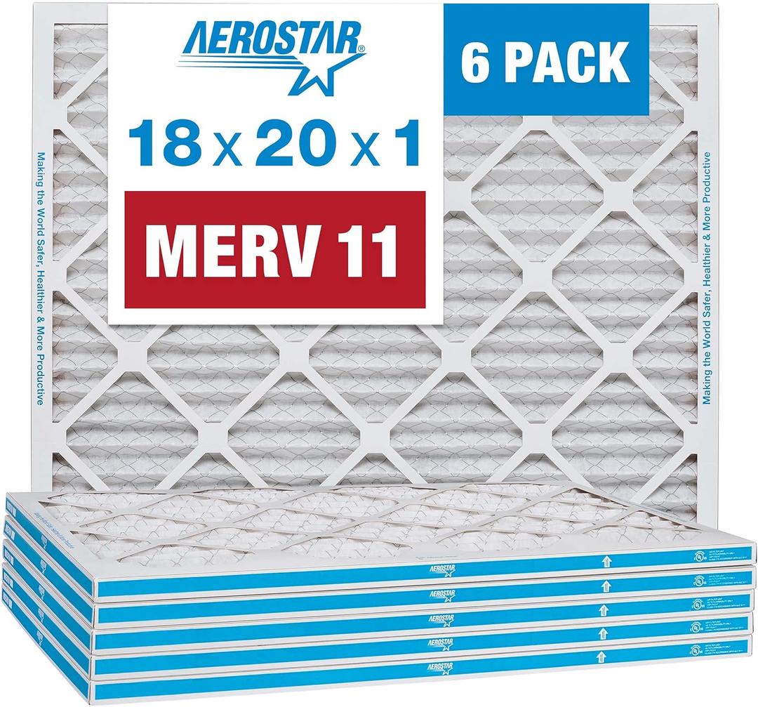 Aerostar 18x20x1 MERV 11 - 6 Count - Pleated HVAC, Furnace & Air Conditioner Filters - Removes Dust, Cold & Flu Germs, Lint, Mold, Pet Dander, Allergy-Causing Pollen, Smog & Smoke (17.8" x 19.8" x 0.8")