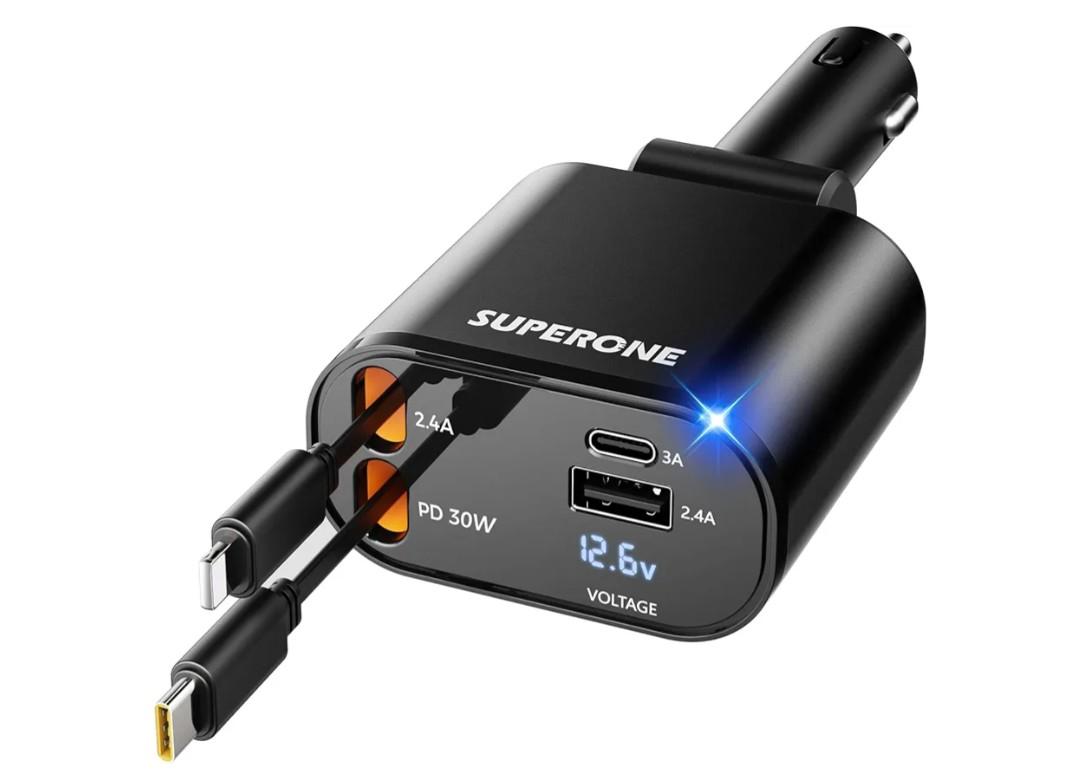 Upgraded] SUPERONE Retractable Car Charger 4 in 1, Fast Car Phone Charger with Cord 2.6ft, USB C and Apple Car Adapter, Compatible with iPhone 17 16 15/15 Pro Max/14/13/12/11, Galaxy, Pixel