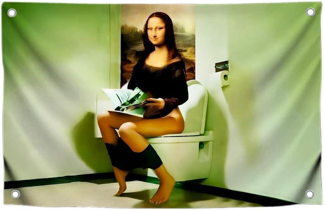 3x5 Feet Tapestry Meme Polyester Flag Mona Lisa Sits On the Toilet with Four Brass Grommets - Meme Flags for Outdoor and Indoor - Durable Women or Man Cave Wall Flag for College Dorm Room Decoration