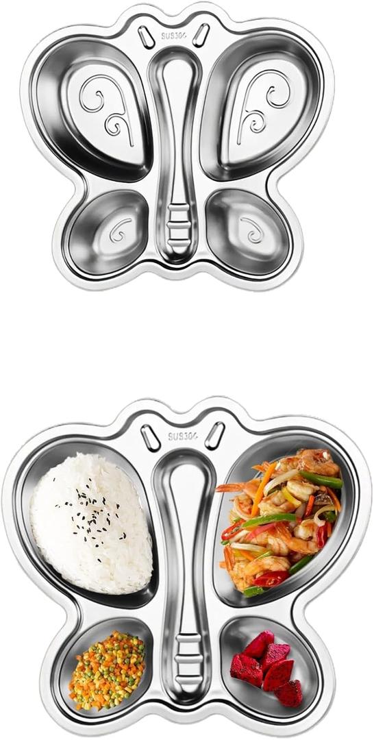 2-Piece Stainless Steel Divided Plates, Stainless Steel Plates for Kids, Butterfly-Shaped 4-Section Lunch Trays, easy to clean, Suitable for Home, Camping, Picnics and Parties  (Butterfly B)