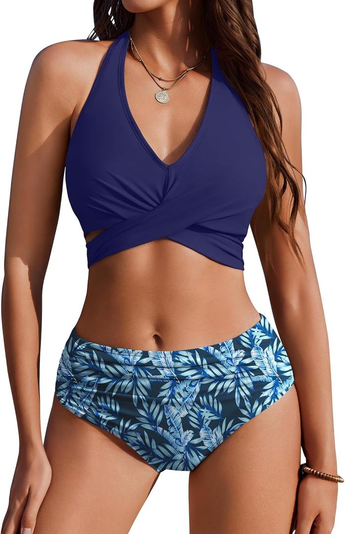 AI'MAGE Womens High Waisted Bikini Sets Tummy Control Bathing Suits Halter Two Piece Swimsuit Modest Bikini 2025 (Medium, Navy Blue)
