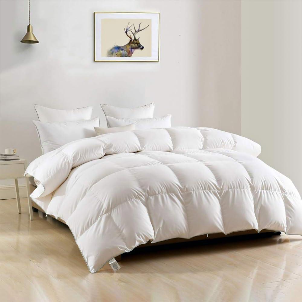 DWR Heavyweight Down Feather Fibers Comforter Oversized Full/Queen, Ultra-Soft Cotton Blend Fabric, Overfilled Winter Warm Hotel Duvet Insert for Cold Weather/Sleeper (98x98, White)