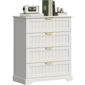 4 Wooden Drawer Dresser for Bedroom Storage, Modern Farmhouse Wood Chest of Drawers with Metal Handles, Wide Storage, Cabinet for Closet, Living Room, or Entryway White (15.7"D x 29.5"W x 36.6"H (4 Drawers))